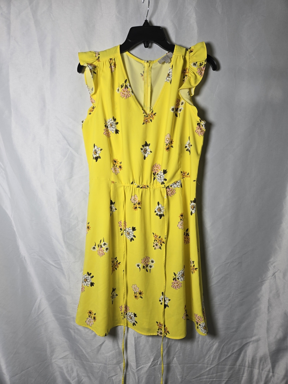 LOFT Yellow Floral V-Neck Mini Dress with Ruffle Sleeves
